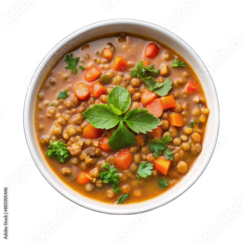 White bowl of lentil soup top view isolated on transparent background