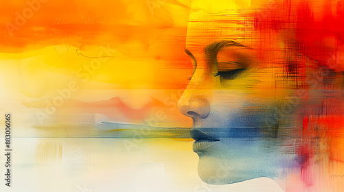 Banner with a portrait of an adult woman with closed eyes on a multi-colored background, meditation and knowledge of oneself and the world