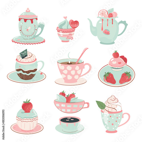 Cute Cartoon Tea Party Set. Teacups, Cakes & Strawberries