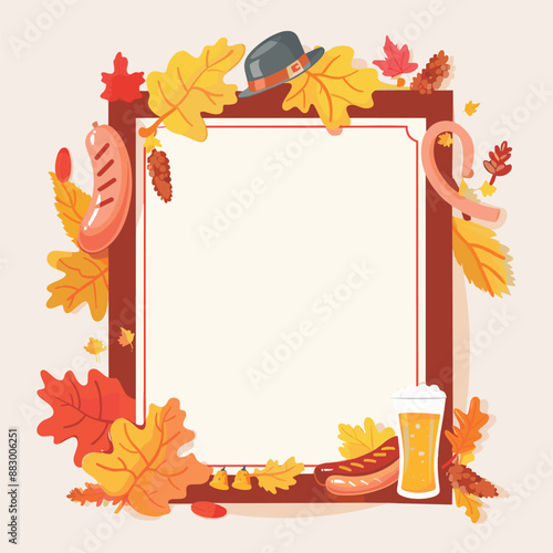 Oktoberfest Background with Sausage, Beer, and Fall Leaves