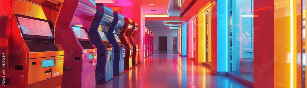 Vibrant, neon-lit corridor with rows of self-service kiosks showcasing modern technology and colorful, futuristic design elements. Vibrant, neon-lit corridor with rows of self-service kiosks showcasing modern technology and colorful, futuristic design elements.