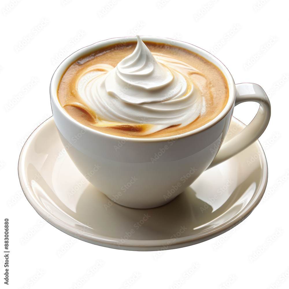 White cup of hot coffee with milk cream isolated on transparent background White cup of hot coffee with milk cream isolated on transparent background