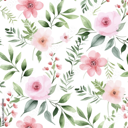 seamless floral pattern, the watercolor seamless pattern of wildflowers on a white background, Watercolor Pink Berries, Flowers And Light Green Leaves Seamless Pattern watercolor roses pattern 
