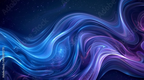 A vibrant abstract background featuring swirling, curvy lines in various shades of blue and purple, resembling the depths of space with hints of stars and nebulas