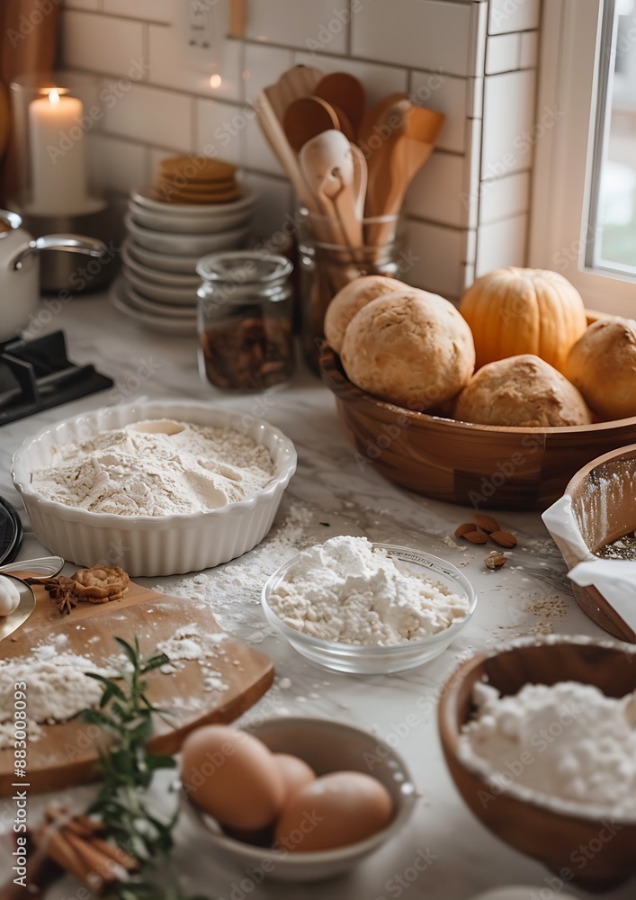 cozy kitchen scene with baking ingredients for Thanksgiving pies arranged on countertop with soft lighting. cozy kitchen scene with baking ingredients for Thanksgiving pies arranged on countertop with soft lighting.