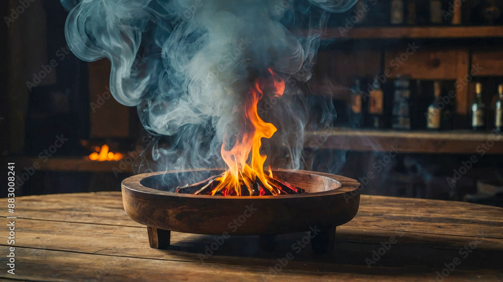 A rustic wooden table with a fire pit in the center, emitting smoke and flames A rustic wooden table with a fire pit in the center, emitting smoke and flames