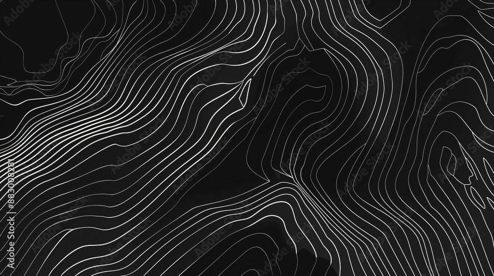 Topographic map background, vector illustration with white lines on black background. Abstract design for travel or outdoor activities concept. Flat lay. Minimal style. Vector Illustration. Topographic map background, vector illustration with white lines on black background. Abstract design for travel or outdoor activities concept. Flat lay. Minimal style. Vector Illustration.