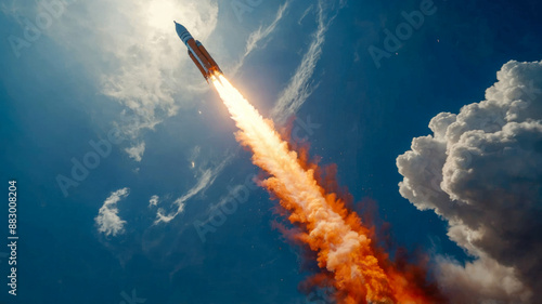 A rocket launching into the sky with bright orange flames, representing space exploration and innovation