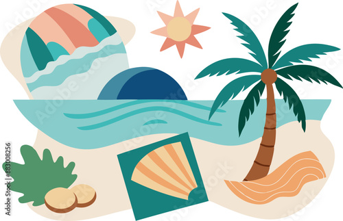 Tropical beach scene with seashells and palm trees