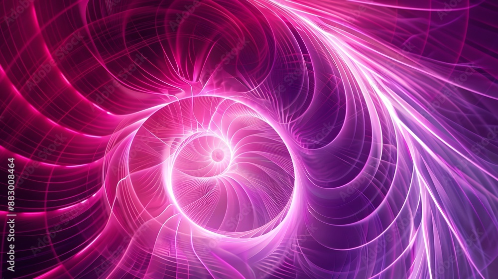 Graphic design art of abstract illusion of spiral with geometric shapes of pink and violet neon lines. 