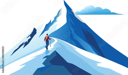 Climber ascending a snowy mountain peak