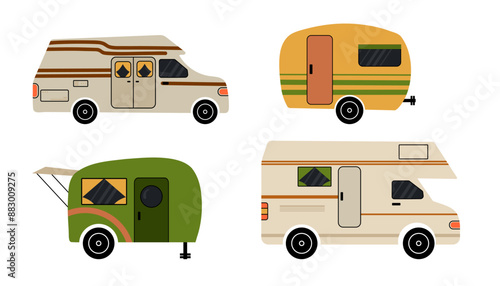 Camper cars set. Holiday caravan, van and vintage trailers, motorhome for adventures, camping RV. Mobile auto vehicle for travel, vacation in campsite. Vector cartoon flat isolated nature illustration