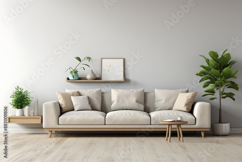 Interior of modern living room with walls, tiled floor, white armchairs with cushions and vertical mock up poster frames. 3d rendering