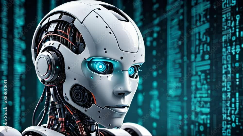 Cyberpunk robot on a background of digital code. Digital postcard with the image of a robot, artificial intelligence, technology, future. Cyberpunk robot on a background of digital code. Digital postcard with the image of a robot, artificial intelligence, technology, future.