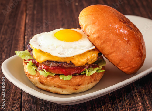 Angus Cheese Egg Burger with tomato, lettuce leaf served in dish isolated on background side view of hong kong fasfood photo