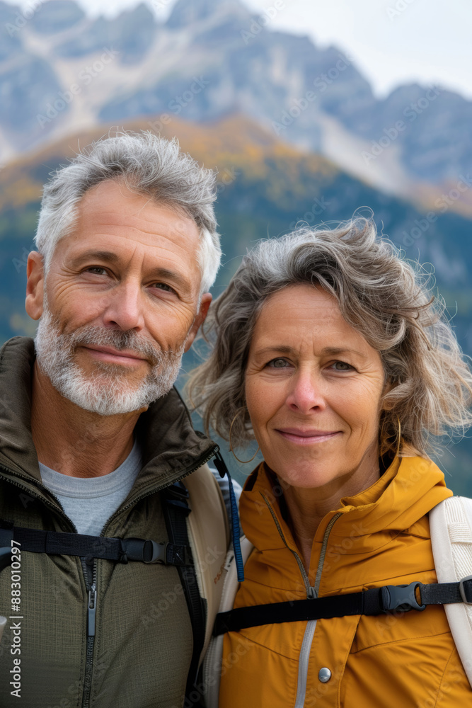 Selfie portrait of a beautiful adult couple while hacking in the mountains, concept of the importance of staying active and healthy Selfie portrait of a beautiful adult couple while hacking in the mountains, concept of the importance of staying active and healthy