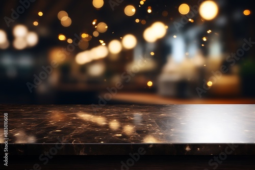 Empty black marble table in a restaurant with bokeh background.