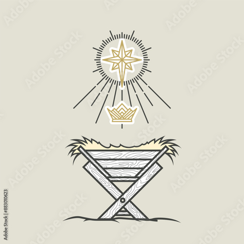 The nativity scene, crib or manger for birth of the baby Jesus, Star of Bethlehem and crown of the king of heaven, vector