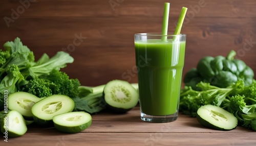 A green juice glass on a wooden table along green juciy vegetables  photo