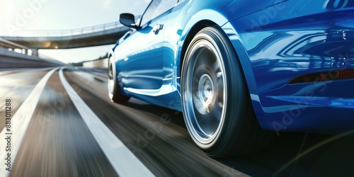 A close-up view of a blue car driving on a road, perfect for transportation or automotive-related concepts