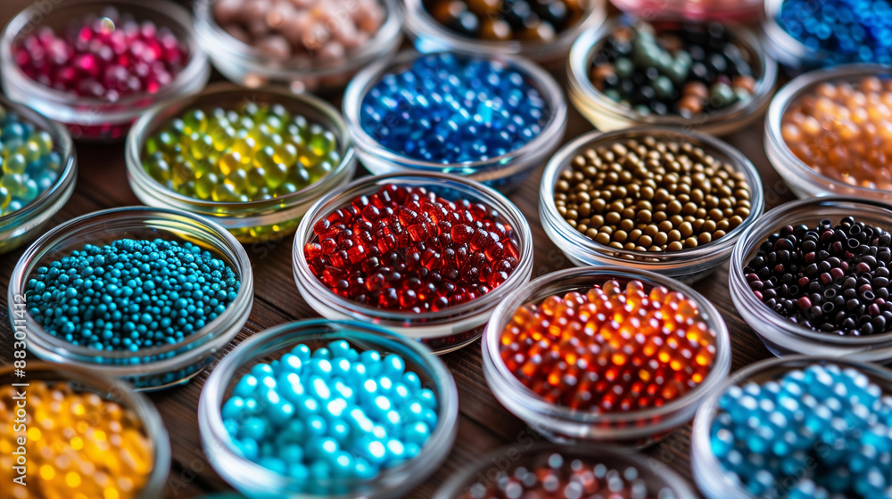 Assortment of beads in small containers on a wooden table Assortment of beads in small containers on a wooden table
