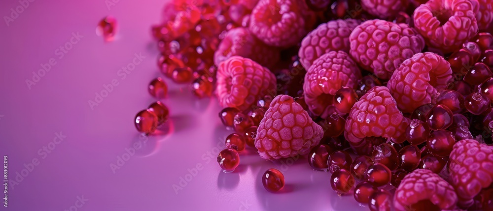 Closeup of Fresh Raspberries and Pomegranate Seeds on a Purple Surface Closeup of Fresh Raspberries and Pomegranate Seeds on a Purple Surface