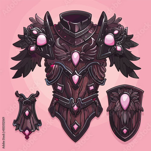 Black armor set with pink gems and wings for fantasy game design