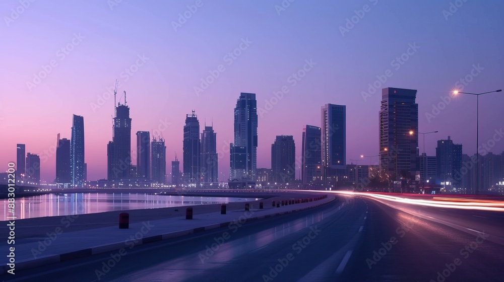 A city skyline at dusk with modern skyscrapers and a calm waterfront. A city skyline at dusk with modern skyscrapers and a calm waterfront.