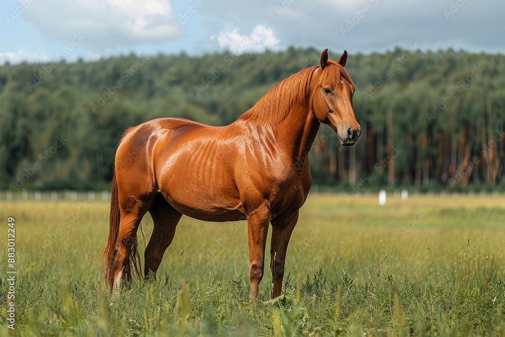 A brown horse on green field. Domestic horse on a summer day. domestic animal A brown horse on green field. Domestic horse on a summer day. domestic animal