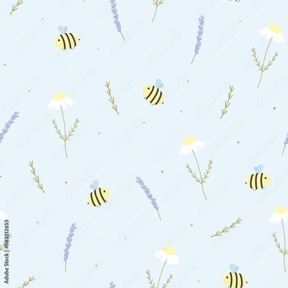 Vector seamless pattern with bees, lavender and chamomile. For wallpapers, decoration, invitation baby shower, fabric, textile and linen, print clothes and pajamas, gift and wrapping paper Vector seamless pattern with bees, lavender and chamomile. For wallpapers, decoration, invitation baby shower, fabric, textile and linen, print clothes and pajamas, gift and wrapping paper