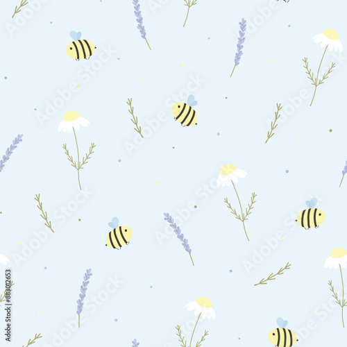 Vector seamless pattern with bees, lavender and chamomile. For wallpapers, decoration, invitation baby shower, fabric, textile and linen, print clothes and pajamas, gift and wrapping paper