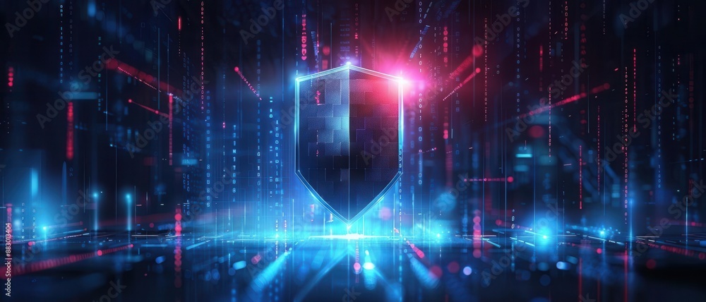 Fototapeta premium Digital shield representing cybersecurity and data protection with vibrant, futuristic colors and a dynamic tech-inspired background