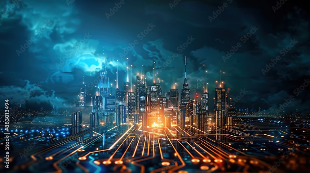 Fototapeta premium Futuristic Cityscape Connected by Digital Network