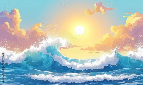 Sun, blue clouds happy waves splash, sunny ocean wave yellow cartoon kids ocean wave. Banner Header travel background of sunny ocean wave splashing, Generative AI