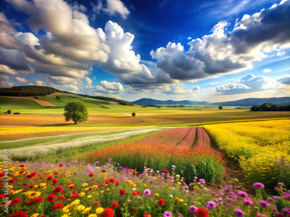 field of poppies, nature, meadow, summer, grass, spring, green, cloud, blue, flower, agriculture, clouds, countryside field of poppies, nature, meadow, summer, grass, spring, green, cloud, blue, flower, agriculture, clouds, countryside