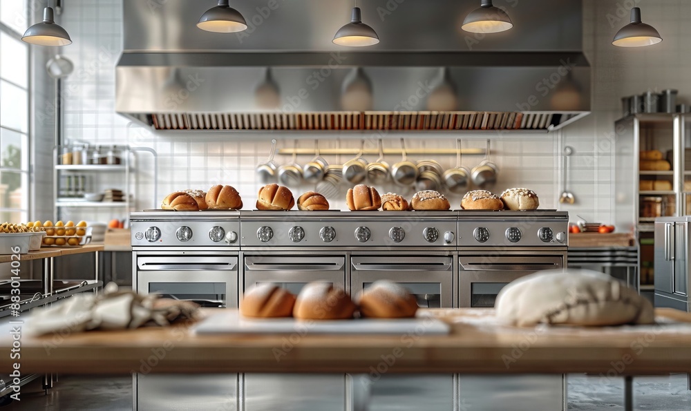 Fototapeta premium Commercial professional bakery kitchen and stainless steel convection bread bun baking in deck oven kneading machine pasta dough on table cabinet, Generative AI