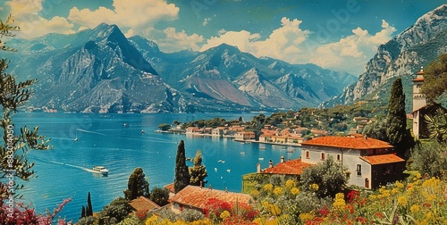 retro italian landscape vintage postcard from sunny italy 1970 vibe, Generative AI photo