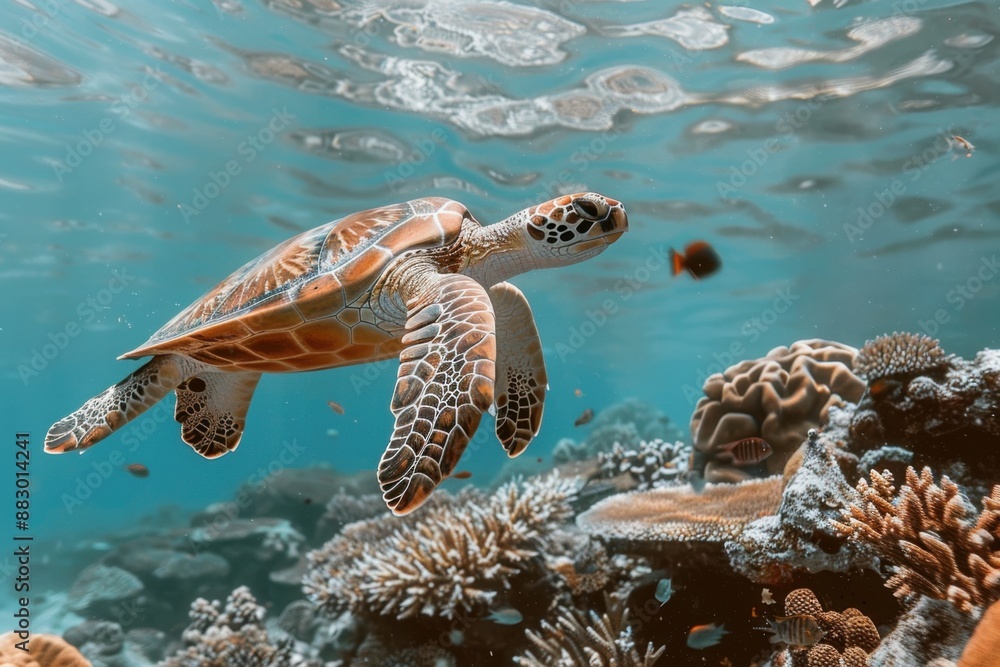 Fototapeta premium A sea turtle swimming near a coral reef, reflecting marine conservation efforts