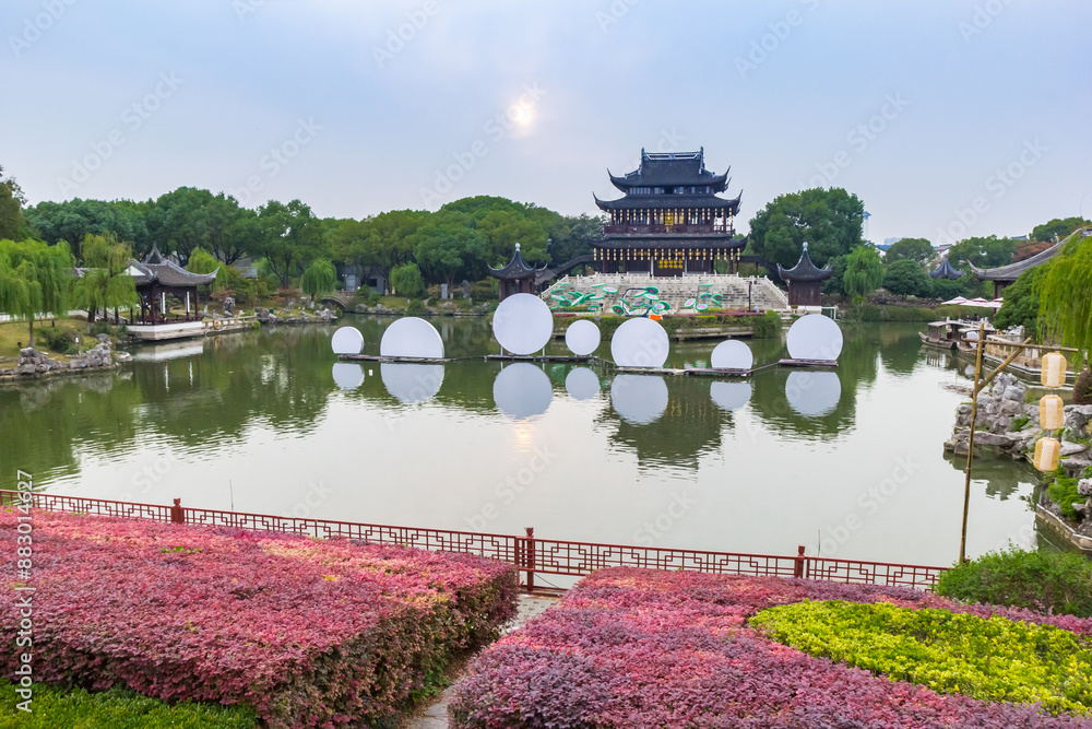 White circles in front of the pavillion in Panmen scenic area in Suzhou, China