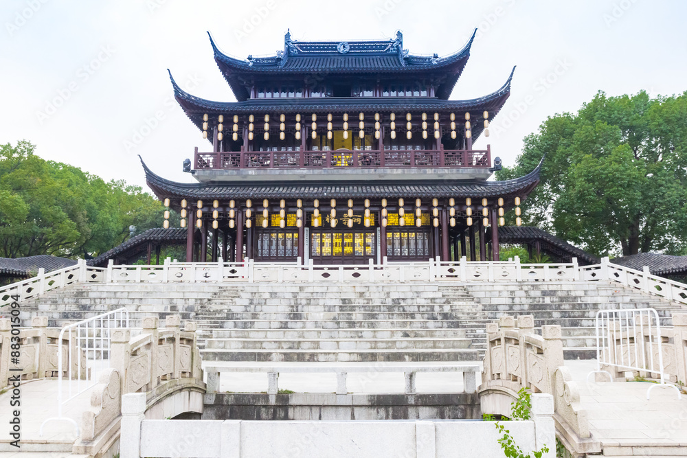 Marble steps in front of the pavillion in Panmen scenic area in Suzhou, China