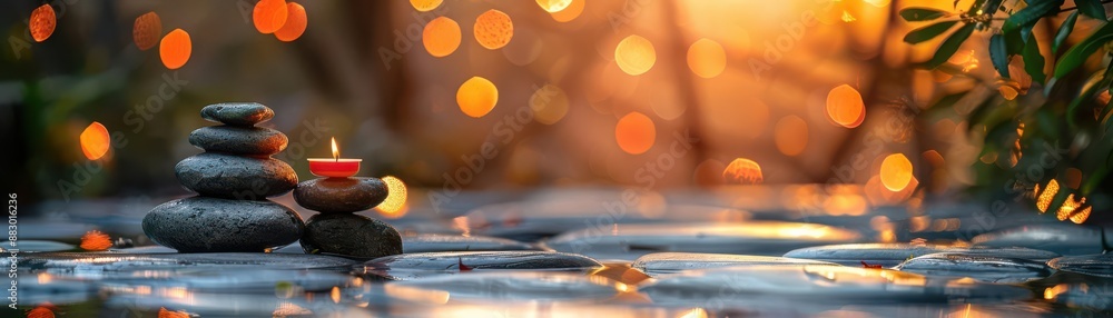 Zen stones and a candle in a tranquil, glowing setting. Zen stones and a candle in a tranquil, glowing setting.