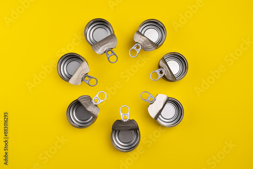 View from above. Recycling concept. Open cans in a circle. Recycling materials. color background photo