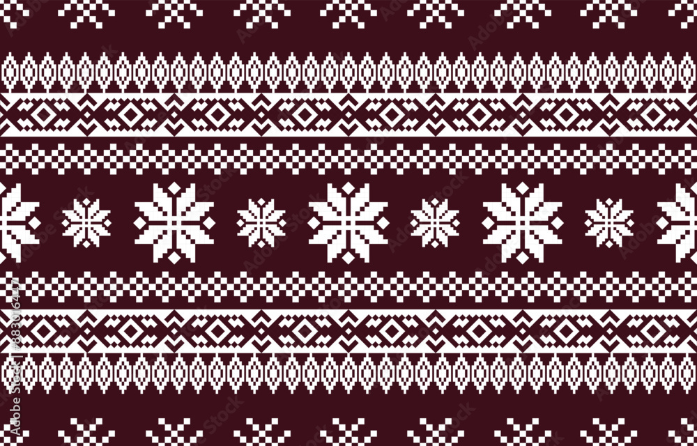 Obraz premium Christmas and New Year green and white seamless pattern, fairytale pixel pattern in white and green with Nordic snowflakes for winter hats, ugly sweaters, jumpers. wallpaper, paper or other design