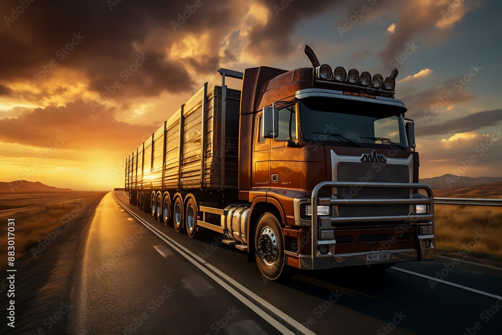 Classic big rig semi truck on the road at sunset. 3d rendering Classic big rig semi truck on the road at sunset. 3d rendering