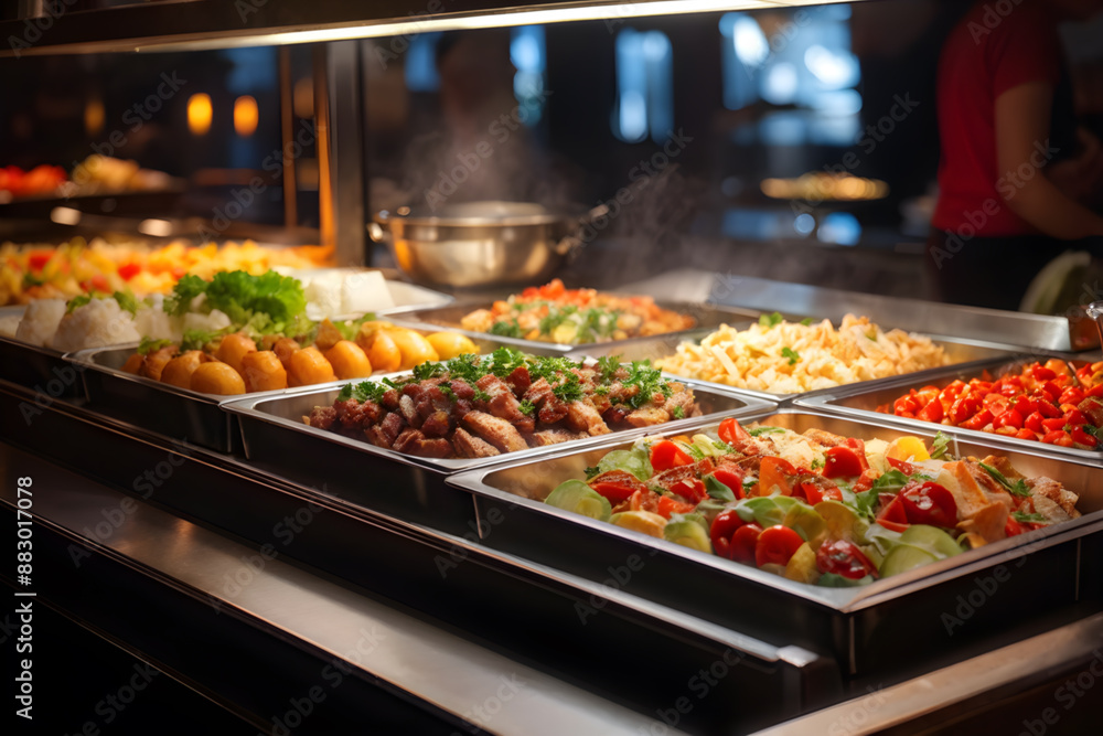 An inviting restaurant scene featuring an array of colorful dishes elegantly arranged on a catering buffet. The warm lighting highlights fresh ingredients and diverse flavors An inviting restaurant scene featuring an array of colorful dishes elegantly arranged on a catering buffet. The warm lighting highlights fresh ingredients and diverse flavors