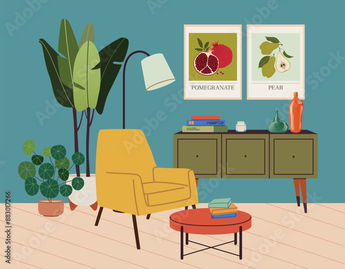 Living room design in mid-century modern. Interior scene in retro style. House room with fashionable furniture and home decor like houseplants, vases, and lamps. Flat vector cartoon illustration.
