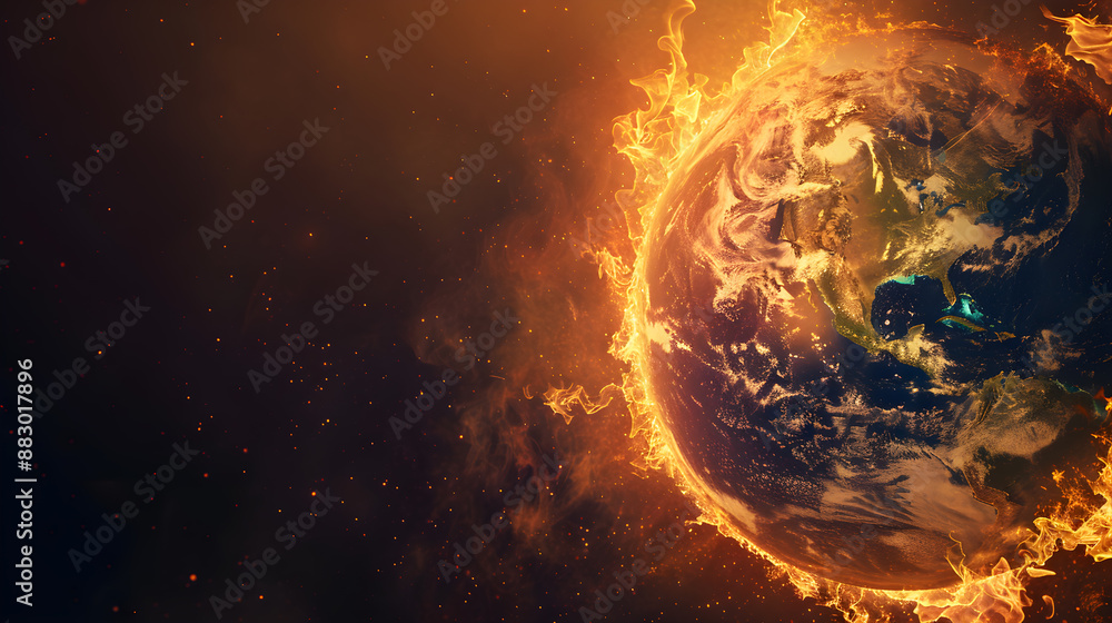 A world surrounded by flames which is a symbol of global warming The flame should be strong and bright. Emphasizing the urgency of the problem, dark background A world surrounded by flames which is a symbol of global warming The flame should be strong and bright. Emphasizing the urgency of the problem, dark background