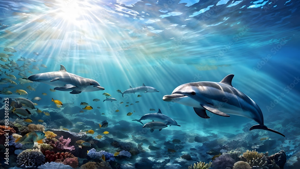 Dolphins gliding beneath the translucent waves of a clear sea coral reef teeming with marine life, AI Generated Dolphins gliding beneath the translucent waves of a clear sea coral reef teeming with marine life, AI Generated