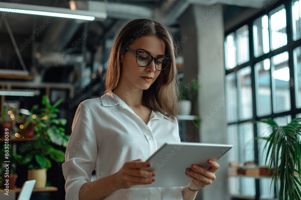 Fototapeta premium Businesswoman works in office with a tablet
