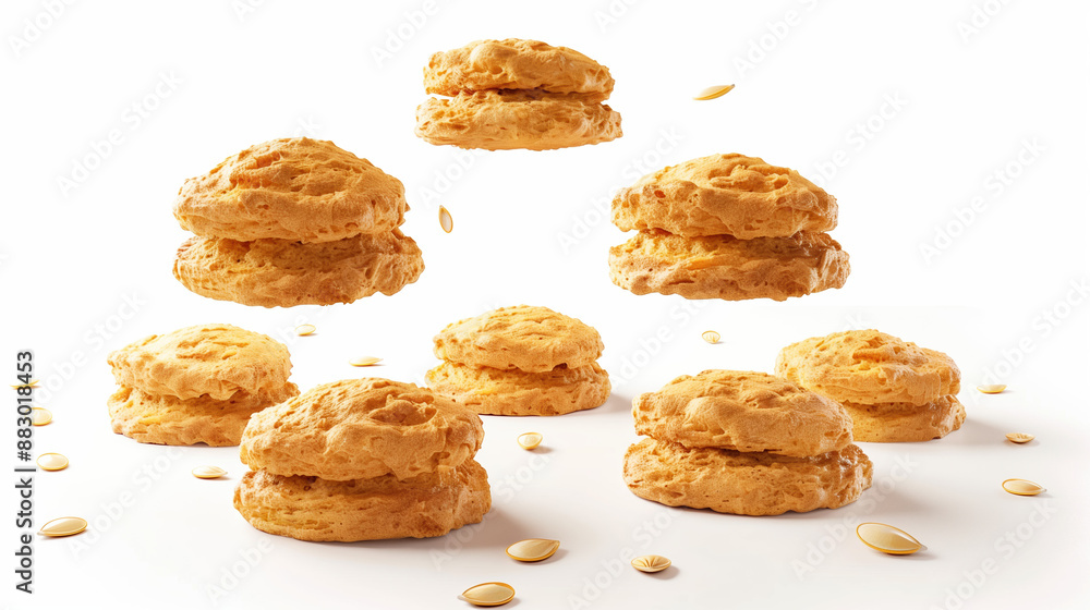 Pumpkin Scones Suspended in Air with Elegant Sheet Twirl, White Background Pumpkin Scones Suspended in Air with Elegant Sheet Twirl, White Background